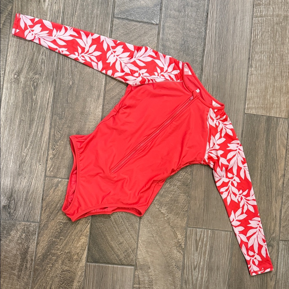 All in Motion Large Coral Red Floral Long Sleeve One Piece Rash Guard Swimsuit - Picture 7 of 11
